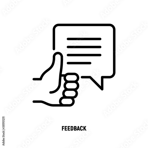 Feedback thin line icon. Thumbs up with speech bubble. Comment, rating, review, recommendation. Vector illustration.