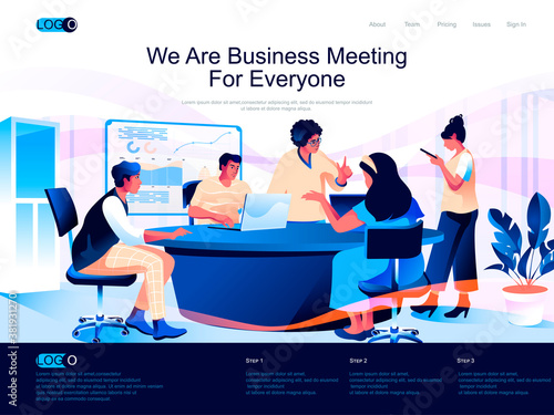 We are Business Meeting for everyone isometric landing page. Partnership and teamwork isometry website page. Business team discussing project web concept, vector illustration with people characters.