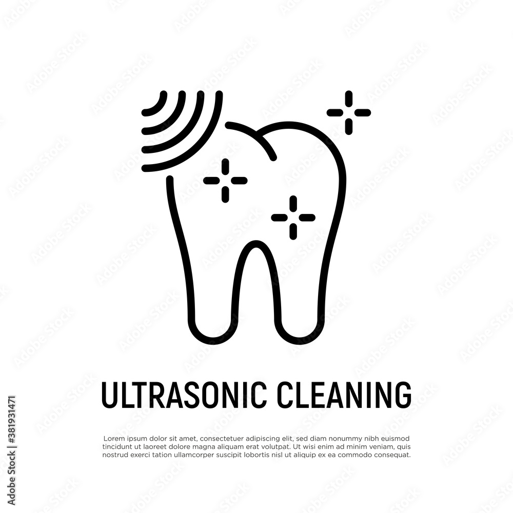 Obraz premium Ultrasonic cleaning thin line icon. Dental hygiene. Shining tooth. Vector illustration.