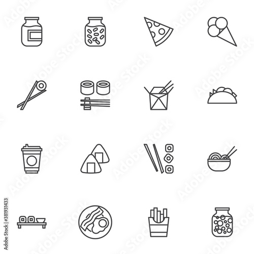 Food and drinks line icons set, outline vector symbol collection, linear style pictogram pack. Signs logo illustration. Set includes icons as pizza, tacos, sushi roll, noodles, french fries, milkshake