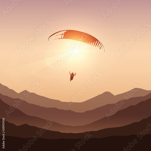 paraglider in sunny sky by sunset in the mountains vector illustration EPS10