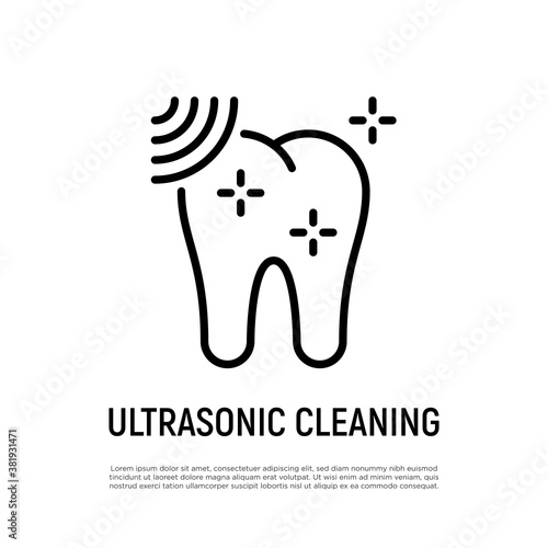 Ultrasonic cleaning thin line icon. Dental hygiene. Shining tooth. Vector illustration.