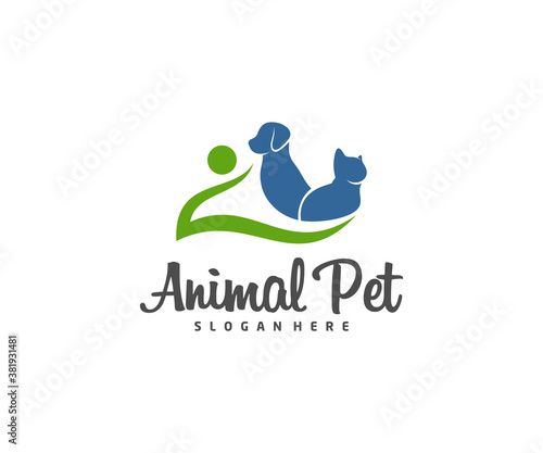 Care Pet Logo dog cat design vector template. Animals Veterinary clinic Logotype concept outline icon.