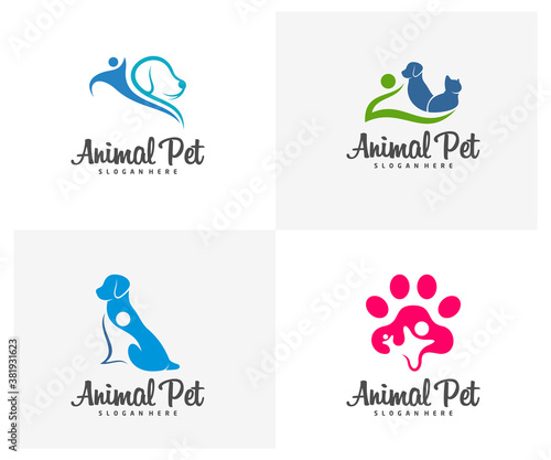 Set of Care Pet Logo dog cat design vector template. Animals Veterinary clinic Logotype concept outline icon.