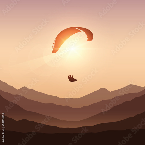 paraglider in sunny sky by sunset in the mountains vector illustration EPS10
