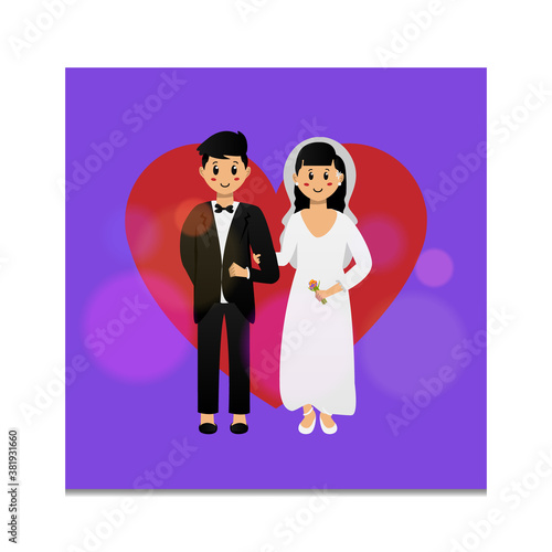 Cute illustration bride and groom wedding invitation card template design on purple background