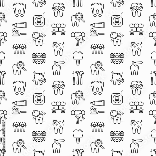 Dentist seamless pattern with thin line icons: dental instruments, caries under magnifier, orthodontics, tooth extraction, veneers, tooth whitening, implant, braces, calculus. Vector illustration.
