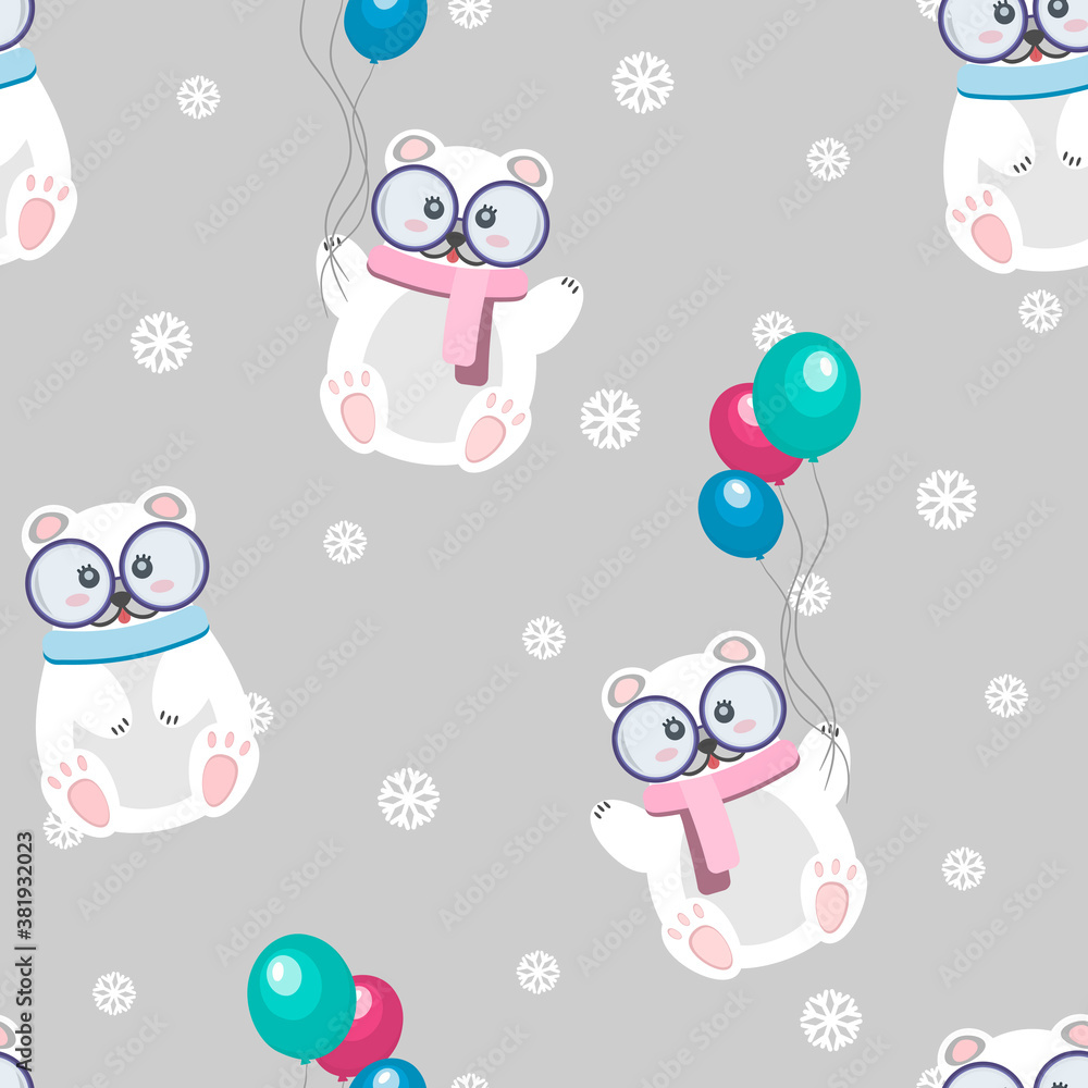Obraz premium Seamless pattern with cute bear flying with balloons, vector illustration for children in a simple cartoon style