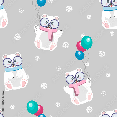 Seamless pattern with cute bear flying with balloons, vector illustration for children in a simple cartoon style