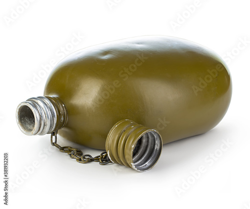 Vintage army aluminum flask isolated on white background.