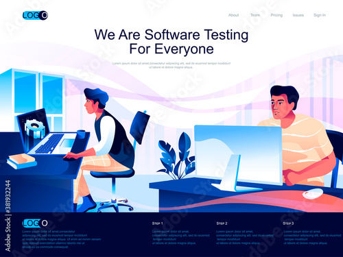 We are Software Testing for everyone isometric landing page. Testing and quality assurance isometry website page. Engineer debugging program web concept, vector illustration with people characters.