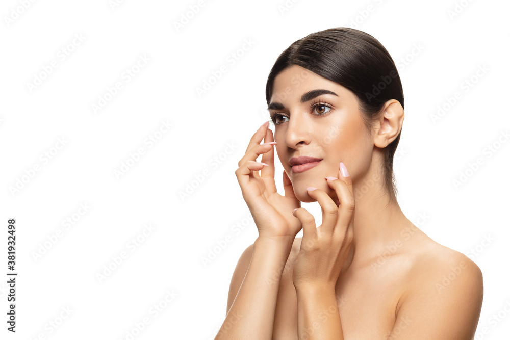 Soft touch. Portrait of beautiful jewish woman isolated on white studio background. Beauty, fashion, skincare, cosmetics, ad concept. Copyspace. Well-kept skin and natural fresh look. Healthy and Soft touch. Portrait of beautiful jewish woman isolated on white studio background. Beauty, fashion, skincare, cosmetics, ad concept. Copyspace. Well-kept skin and natural fresh look. Healthy and