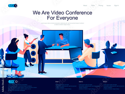 We are Video Conference for everyone isometric landing page. Internet communication isometry website page. Colleagues discussing project online web concept, vector illustration with people characters.