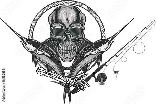 Crazy fishing. Skeleton fisherman catching marlin and tuna