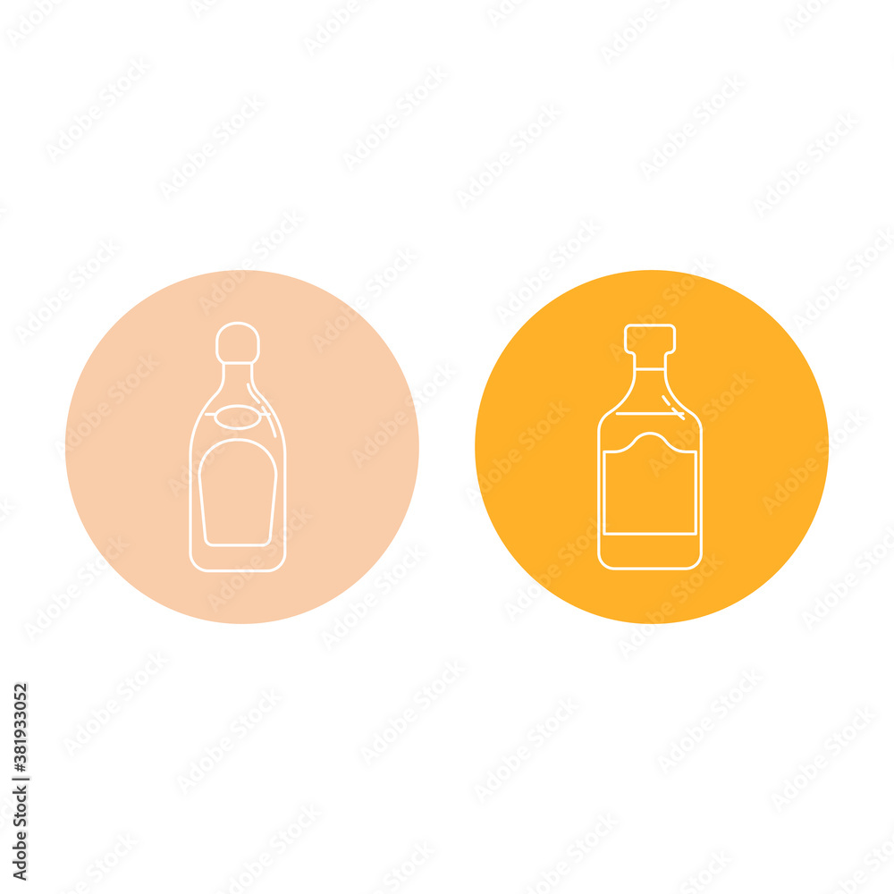 Bottle of tequila and rum in form of thin lines. Background is circle. Isolated object design beverage. Graphic illustration in flat style. Simple icon for restaurant, pub, party Bottle of tequila and rum in form of thin lines. Background is circle. Isolated object design beverage. Graphic illustration in flat style. Simple icon for restaurant, pub, party