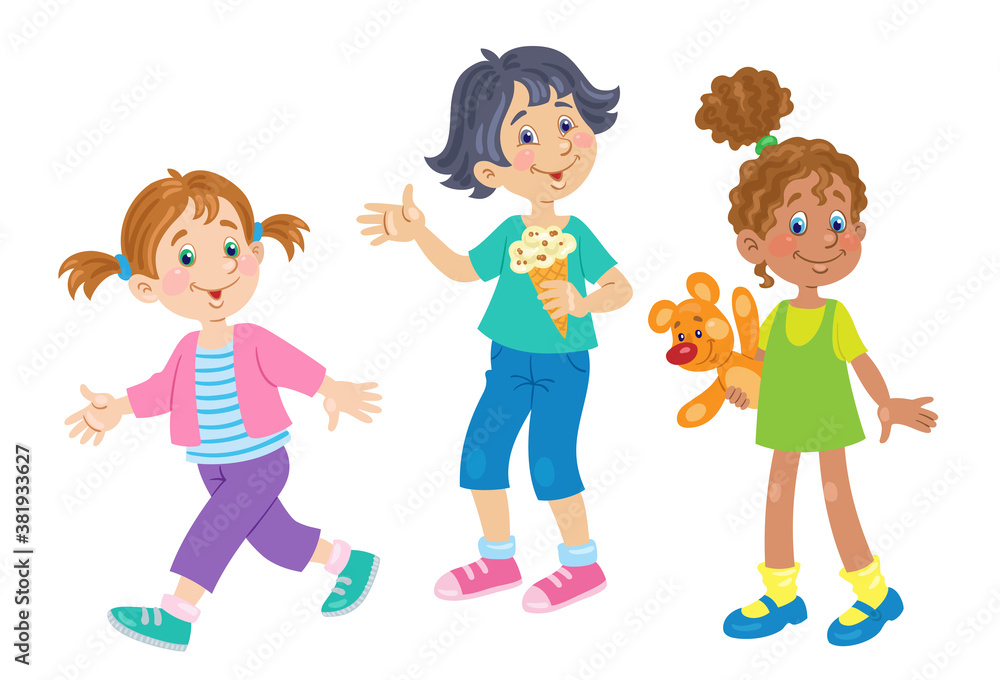 Three cute little girls of different nationality. In cartoon style. Isolated on white background. Vector flat illustration.