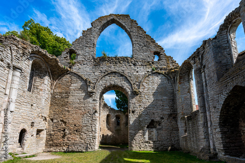 Bild auf Leinwand Summer, inside interior architecture of an ancient medieval church ruin with blue sky in Visby Gotland Sweden