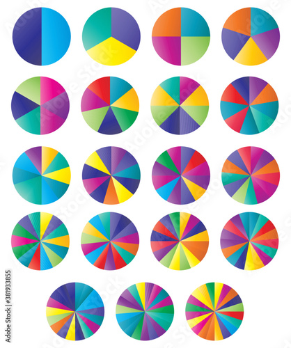 Circle pie chart, pie diagram icon from 2 to 20 sections. Simple, basic infochart, infographic template. Segmented circles, circular diagram, chart icon