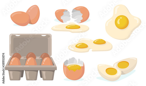 Raw, broken, boiled and fried eggs flat item set. Cartoon domestic chicken eggs with yellow yolk isolated vector illustration collection. Organic farm products and food concept