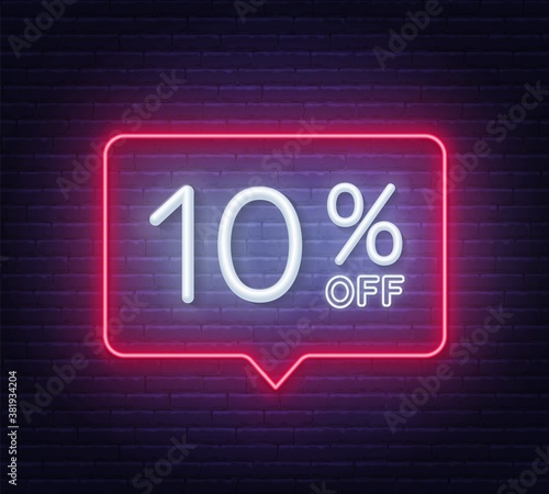 10 percent off neon sign on brick wall background. Vector illustration.