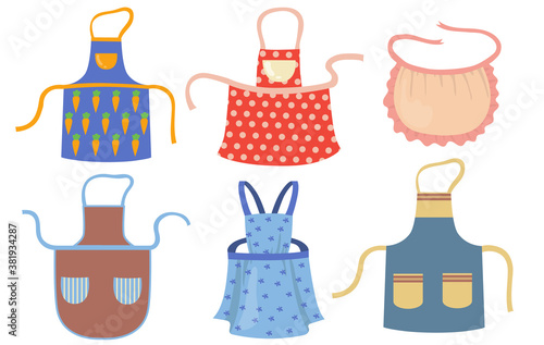 Cute kitchen aprons with patterns flat item set. Cartoon cooking dress for housewife or chef of restaurant isolated vector illustration collection. Protective garment and housekeeping concept
