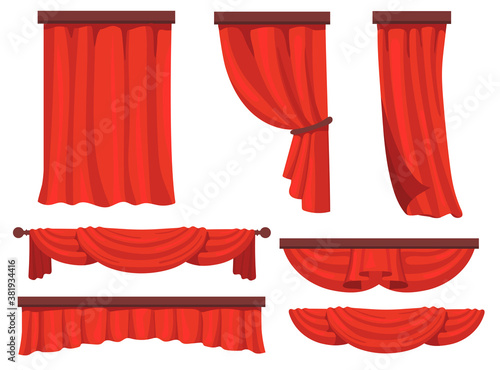 Stage red curtains flat set for web design. Cartoon fabric for background drapery in movie or opera vector illustration collection. Window drapery and decoration concept