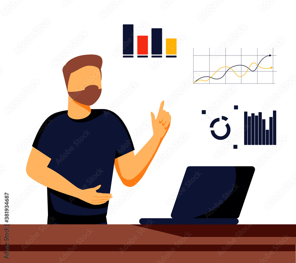 Handsome businessman analyzing data on his laptop and holding up his index finger. Data science concept. Business charts and diagrams. Modern vector illustration. Handsome businessman analyzing data on his laptop and holding up his index finger. Data science concept. Business charts and diagrams. Modern vector illustration.