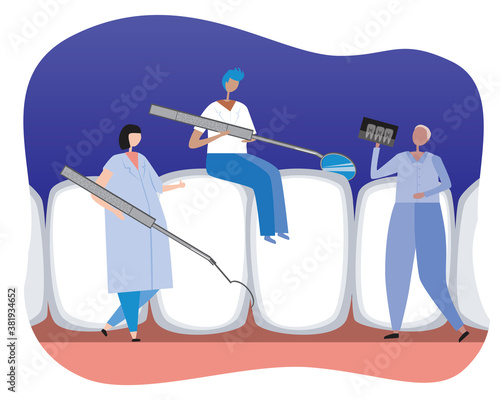 Big teeth, and small dentists, doctors, orthodontists, flat vector stock illustration with orthodontist x-ray and examination mirror