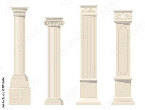 Vintage classic carved architectural pillars flat set for web design. Cartoon roman, renaissance or baroque columns for interior isolated vector collection. Building design and decoration concept
