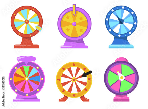 Colorful fortune wheel flat item set. Cartoon gambling roulette with arrows for internet casino isolated vector illustration collection. Lottery and prize winning concept
