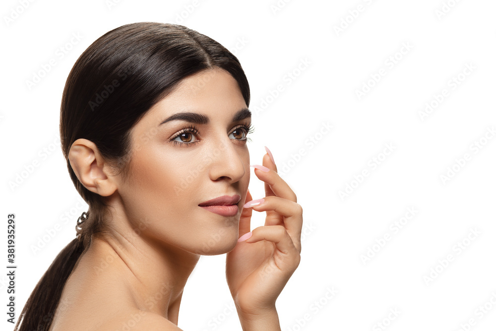 Soft touch. Portrait of beautiful jewish woman isolated on white studio background. Beauty, fashion, skincare, cosmetics, ad concept. Copyspace. Well-kept skin, natural fresh look. Healthy and shiny. Soft touch. Portrait of beautiful jewish woman isolated on white studio background. Beauty, fashion, skincare, cosmetics, ad concept. Copyspace. Well-kept skin, natural fresh look. Healthy and shiny.