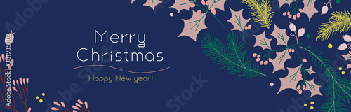 Vector floral decoration with Christmas botanical pattern for festive background. New Year wallpaper design. Xmas fair flyer with organic flat decorations. Template banner of winter sale.