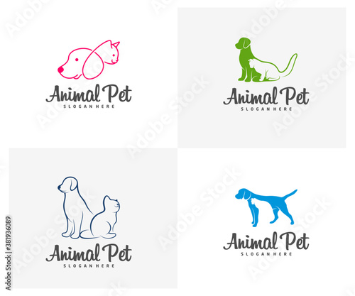 Set of Pet Logo dog cat design vector template. Animals Veterinary clinic Logotype concept outline icon.