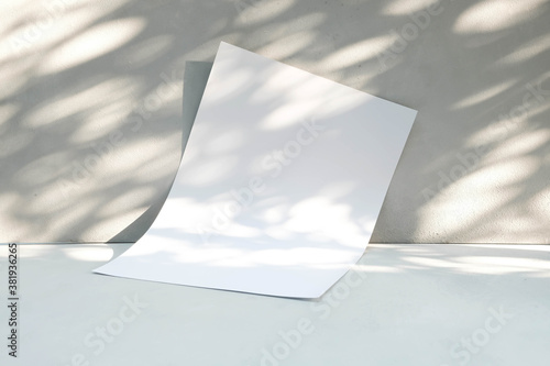 Blank with paper with light and shadow on gray background.