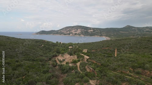 Aerial view of the derelict buildings at an abandoned silver mine at Argentella on the coast of Corsica photo