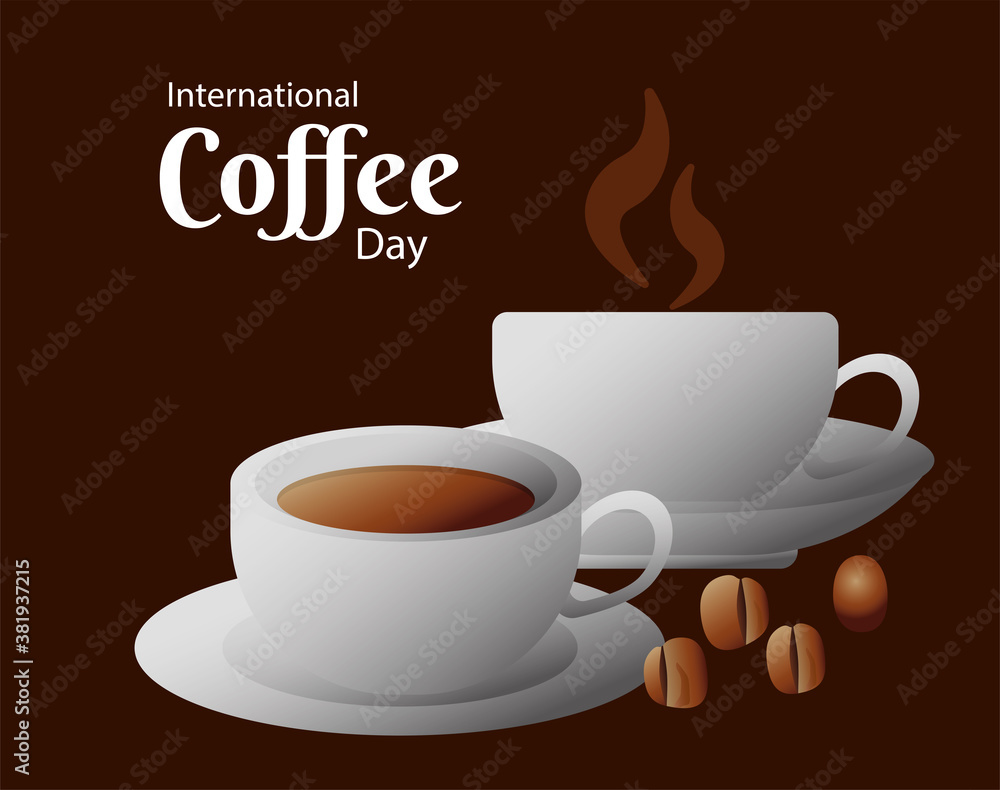 Obraz premium international coffee day poster with ceramic cups and beans
