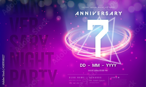 7 years anniversary logo template on purple Abstract futuristic space background. 7th modern technology design celebrating numbers with Hi-tech network digital technology concept design elements.