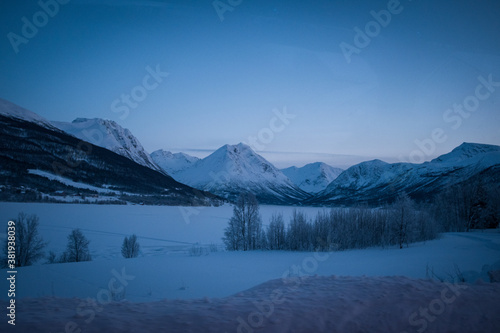 Panoramic View of Frozen Landscape with Snow Covered Mountain