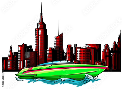 speed luxury boat on city background vector illustration