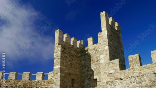 Stone fortress on a background of blue clear sky in the Crimea. 4K