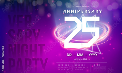 25 years anniversary logo template on purple Abstract futuristic space background. 25th modern technology design celebrating numbers with Hi-tech network digital technology concept design elements.