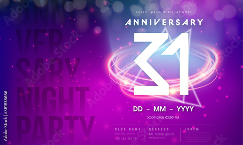 31 years anniversary logo template on purple Abstract futuristic space background. 31st modern technology design celebrating numbers with Hi-tech network digital technology concept design elements.