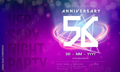56 years anniversary logo template on purple Abstract futuristic space background. 56th modern technology design celebrating numbers with Hi-tech network digital technology concept design elements.