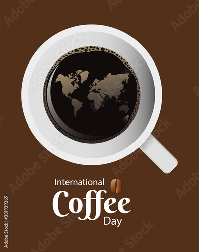 international coffee day poster with coffee cup and earth maps air view
