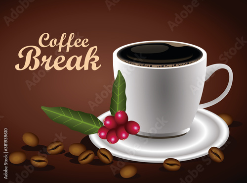 coffee break lettering poster with cup and seeds nature