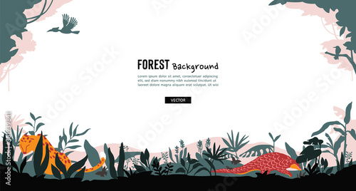 Vector illustration of forest background with copy space for text. Nature panoramic background with forest trees, plants, and wild animals.