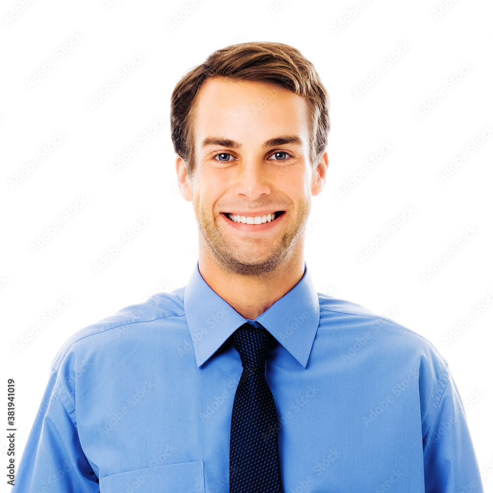 Portrait of happy smiling young businessman looking at camera, isolated over white background. Handsome man in blue confident clothing at studio. Studio composition picture. Portrait of happy smiling young businessman looking at camera, isolated over white background. Handsome man in blue confident clothing at studio. Studio composition picture.
