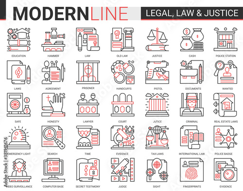 Legal law and justice concept complex icon vector set. Red black thin line infographic design of mobile app website symbols with judicial legislation education, lawyer defense, police investigation