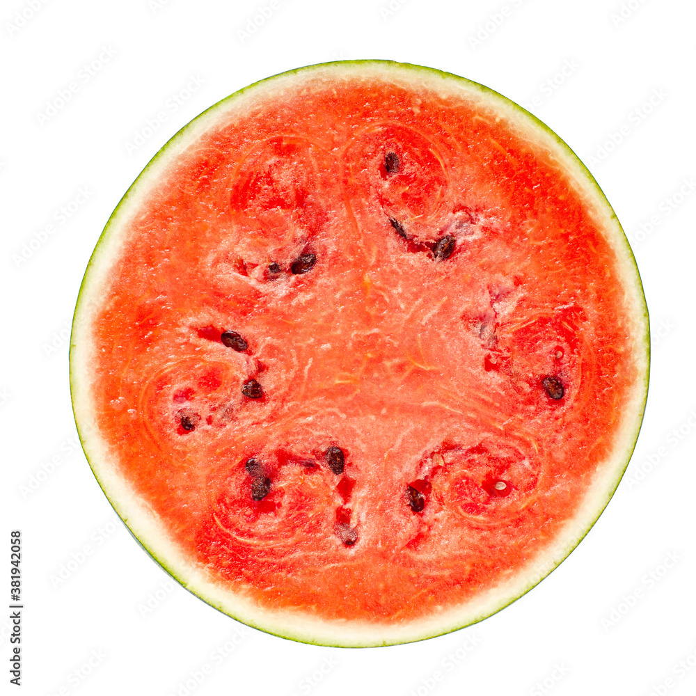 Juicy red ripe sweet watermelon cut across. Round slice on a white background. Isolated. Close-up. Top view. Juicy red ripe sweet watermelon cut across. Round slice on a white background. Isolated. Close-up. Top view.