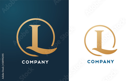 L alphabet letter logo icon in gold and blue color. Simple and creative golden circle design for company and business